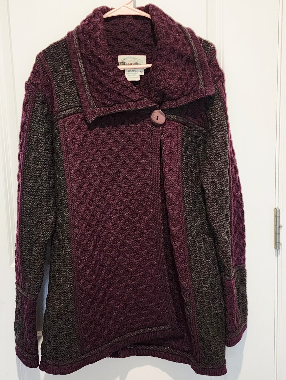 Vintage Aran Crafts 100% Merion Wool Knit Cardigan Sweater Made In Ireland M EUC
